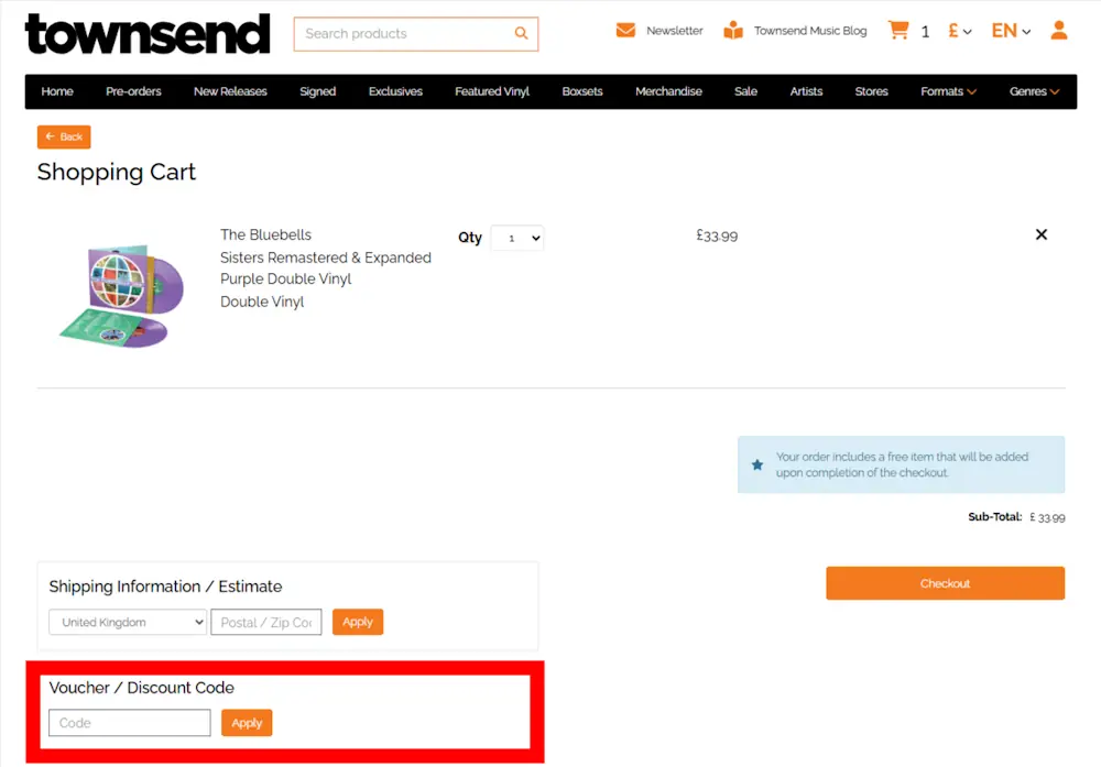 Screenshot showing where to apply a Townsend promo code at checkout on townsendmusic.store.