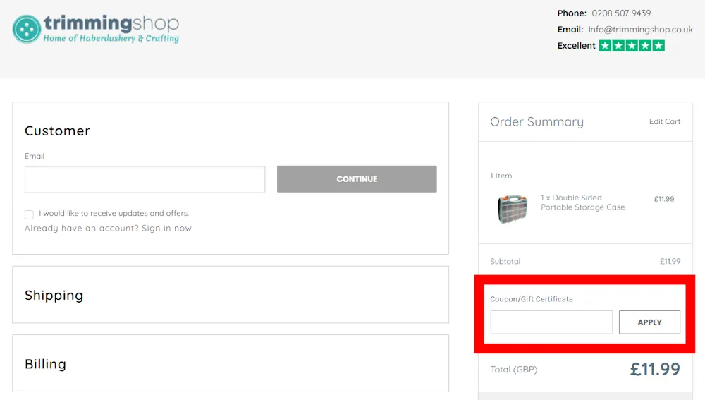 Screenshot showing where to apply a Trimming Shop promo code during checkout on trimmingshop.co.uk.