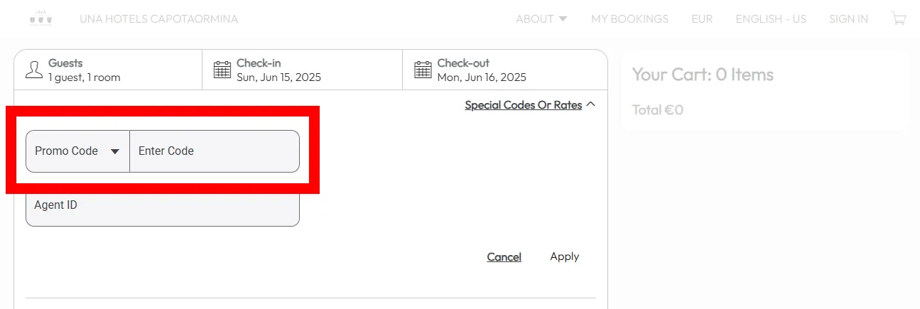 Screenshot showing where to apply a UNA promo code during checkout on www.unaitalianhospitality.com.