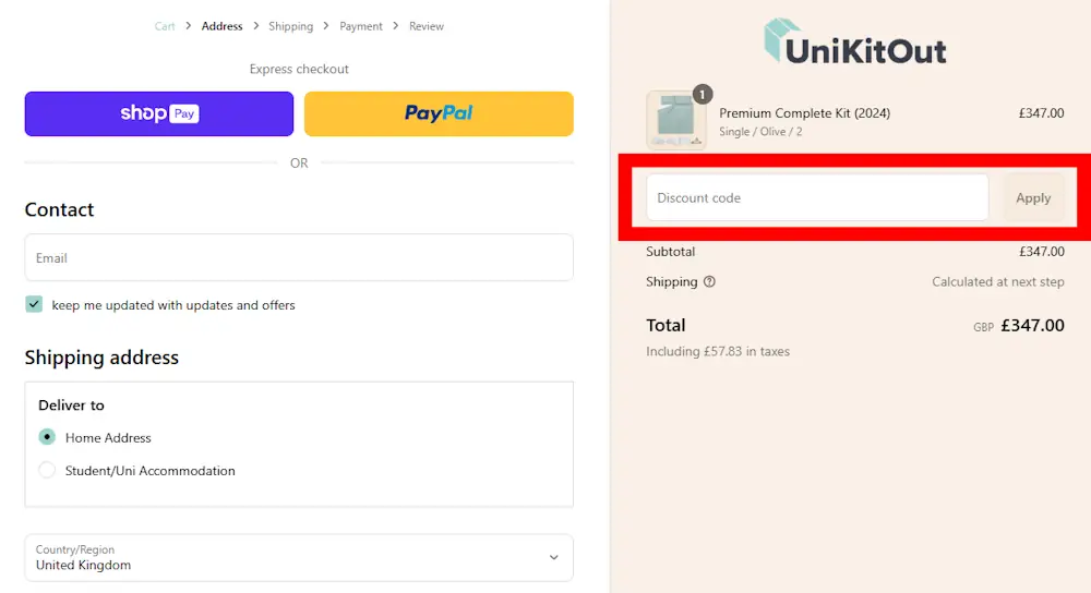 Screenshot showing where to apply a UniKitOut promo code during checkout on www.unikitout.com.