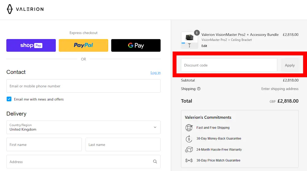 Screenshot showing where to apply a Valerion promo code during checkout on uk.valerion.com.