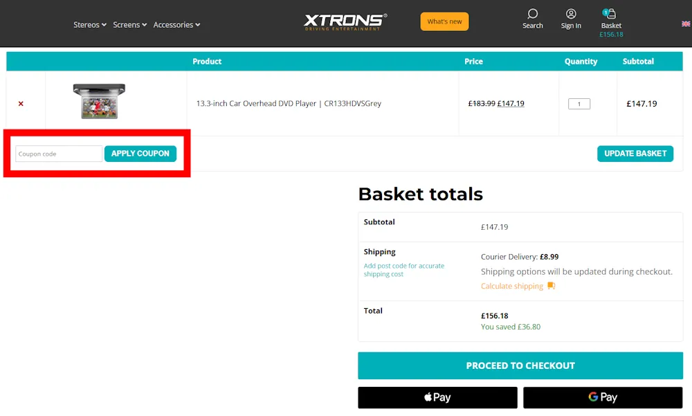 Screenshot showing where to apply a XTRONS promo code during checkout on www.xtrons.co.uk.