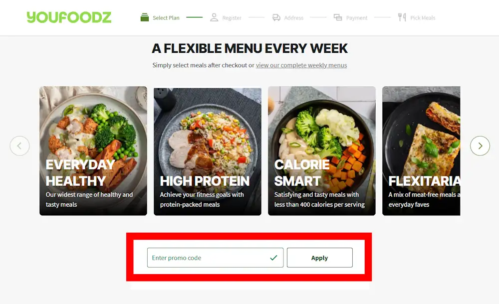 Screenshot showing where to apply a Youfoodz promo code during checkout on www.youfoodz.com.