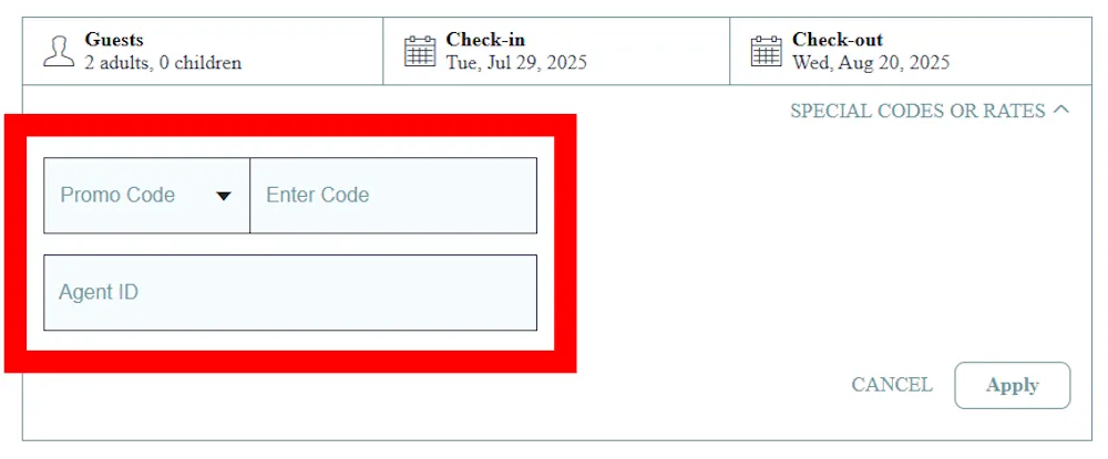 Screenshot showing where to enter an A Collection Hotels promo code in the checkout code box on acollectionhotels.com.
