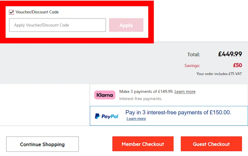 Screenshot showing where to put your AEG voucher on www.aeg.co.uk