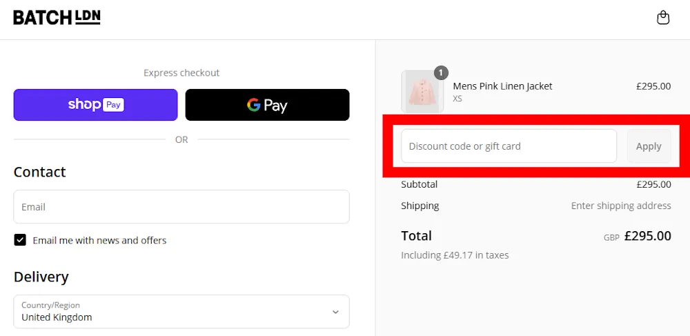 Screenshot showing where to apply a Batch LDN promo code at checkout on batchldn.com.