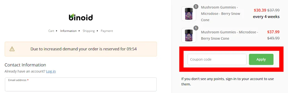 Screenshot showing where to apply a Binoid code on www.binoidcbd.com