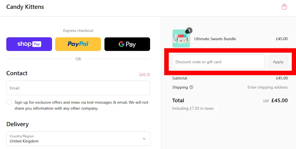 Screenshot showing where to apply a Candy Kittens code on candykittens.co.uk.