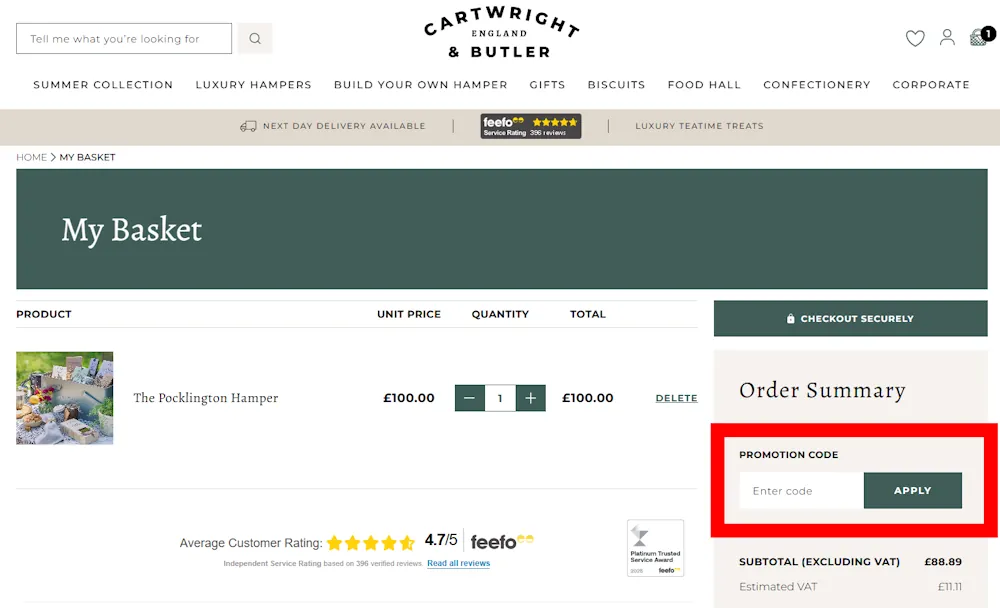 Screenshot showing where to apply a Cartwright and Butler code on www.cartwrightandbutler.co.uk