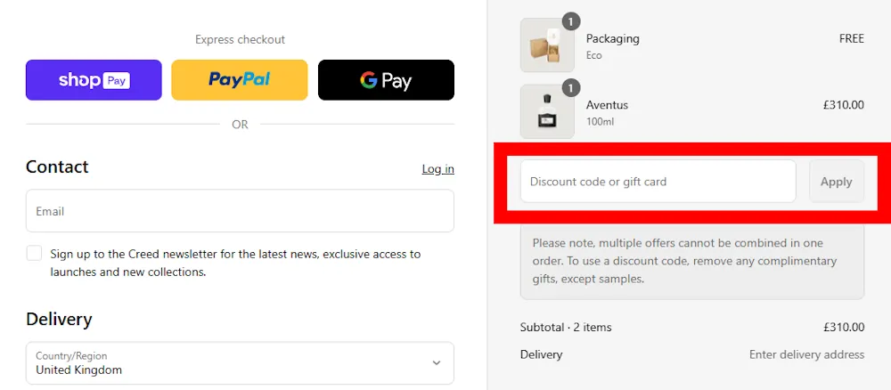 Screenshot showing where to apply a Creed promo code on www.creedfragrances.co.uk