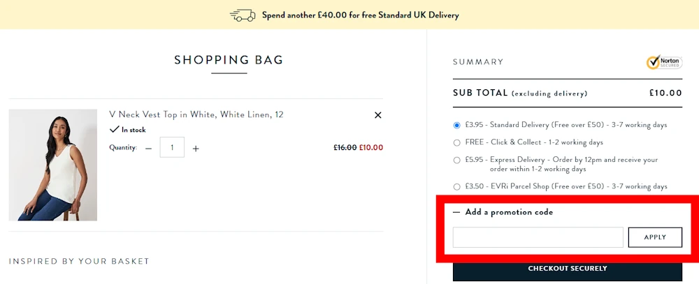 Screenshot showing where to apply a Crew Clothing Company code on www.crewclothing.co.uk