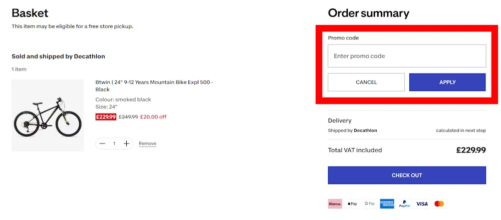 Screenshot showing where to apply a decathlon promo code on www.decathlon.co.uk