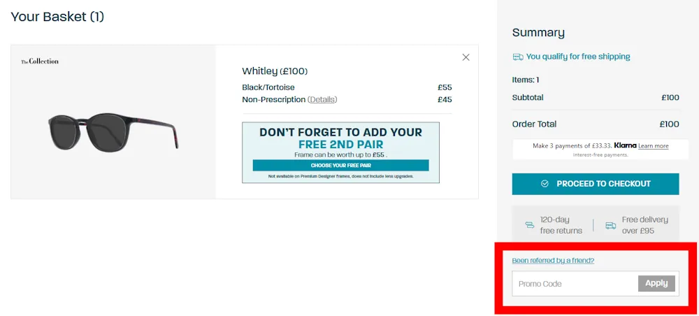 Screenshot showing where to apply a Glasses Direct promo code on www.glassesdirect.co.uk