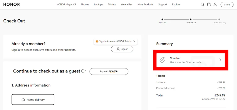 Screenshot showing where to apply a honor code on www.honor.com.