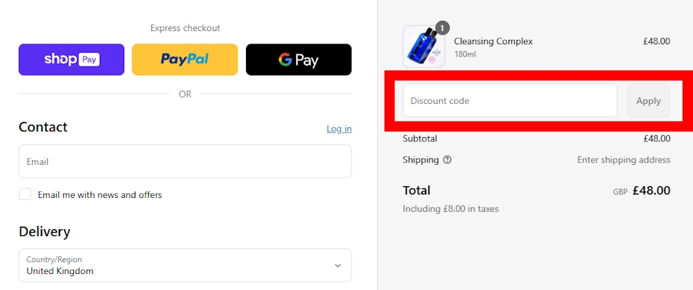 Screenshot showing where to apply a iS Clinical promo code on www.isclinical.co.uk