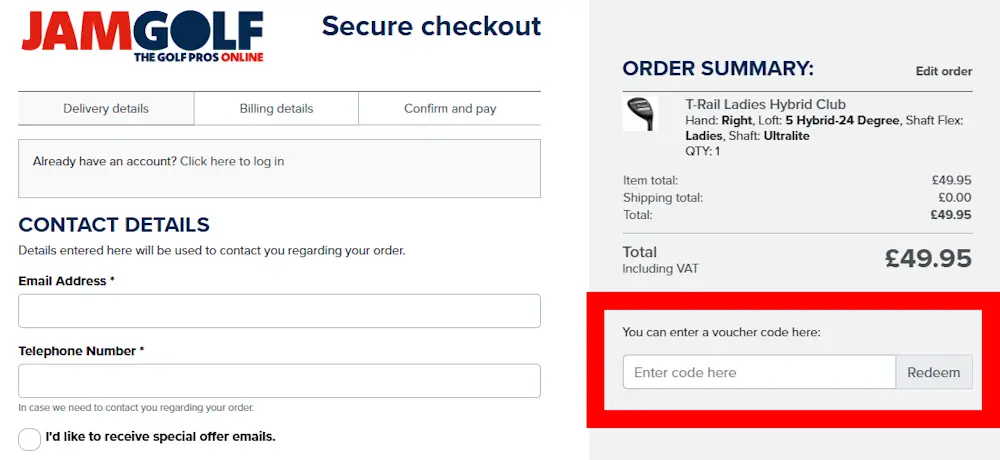 Screenshot showing where to apply a JamGolf code on www.jamgolf.com