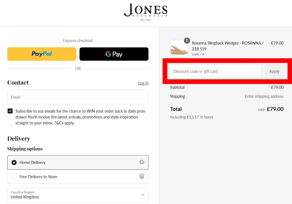 Screenshot showing where to apply a Jones Bootmaker code on www.jonesbootmaker.com.