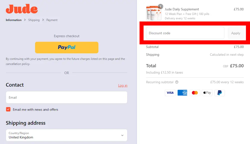 Screenshot showing where to apply a Jude code at checkout on www.wearejude.com