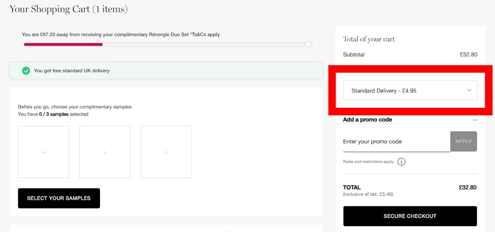 Screenshot showing where to apply a lancome code on www.lancome.co.uk