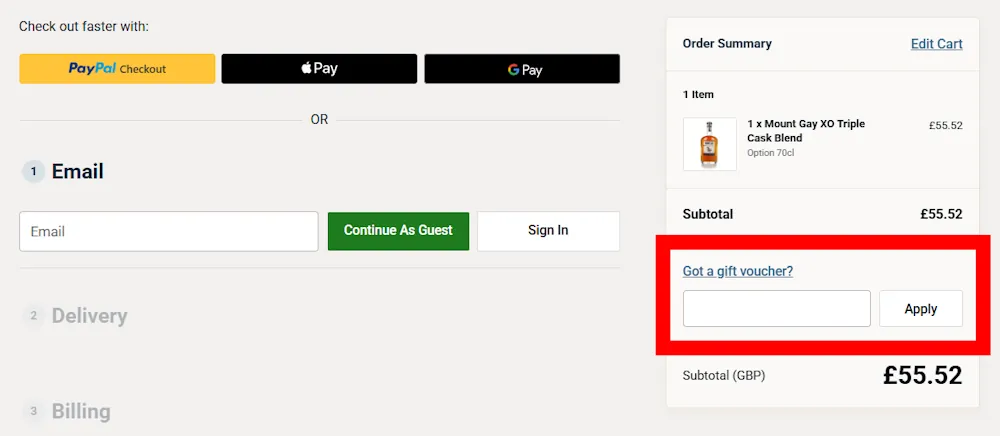 Screenshot showing where to apply a Master of Malt promo code on www.masterofmalt.com
