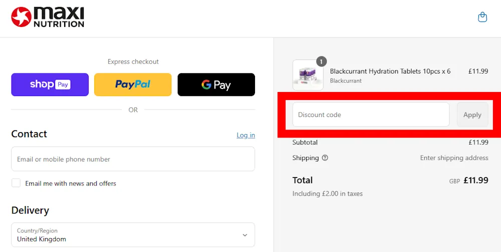 Screenshot showing where to apply a MaxiNutrition code on www.maxinutrition.com.