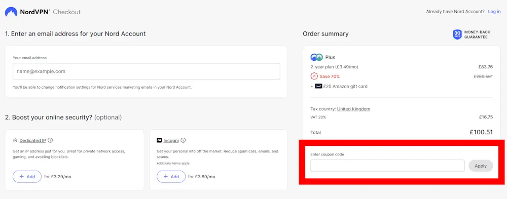 Screenshot where to enter your NordVPN voucher on nordvpn.com