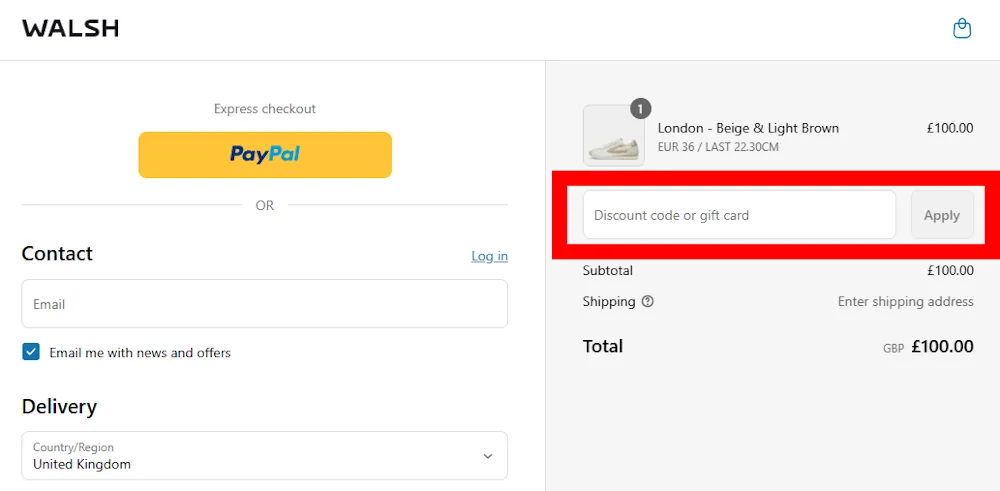 Screenshot showing where to apply a Walsh code at checkout on normanwalsh.com