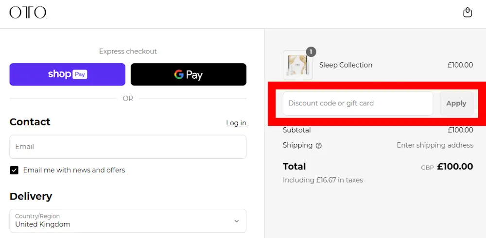 Screenshot showing where to apply a OTO Wellbeing code on otowellbeing.com.