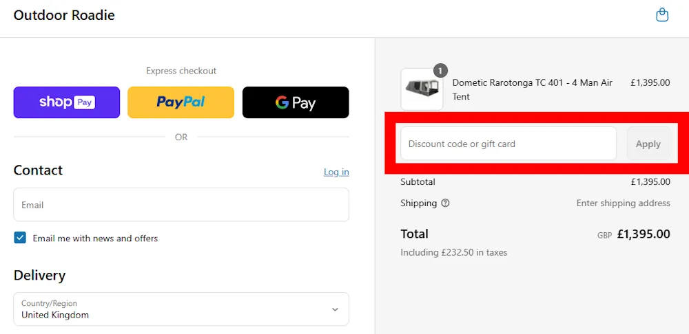 Screenshot showing where to apply a Outdoor Roadie code on outdoorroadie.co.uk