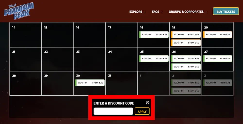 Screenshot showing where to apply a Phantom Peak code on www.phantompeak.com