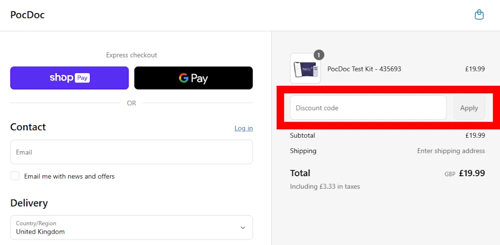 Screenshot where to enter your PocDoc promo code on shop.pocdoc.co
