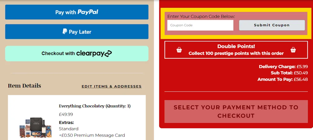 Screenshot showing where to apply a Prestige Hampers code on www.prestigehampers.co.uk