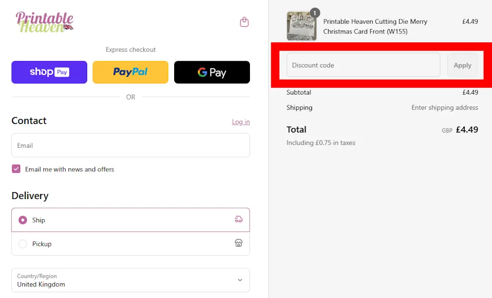 Screenshot showing where to apply a Printable Heaven promo code on printableheaven.com
