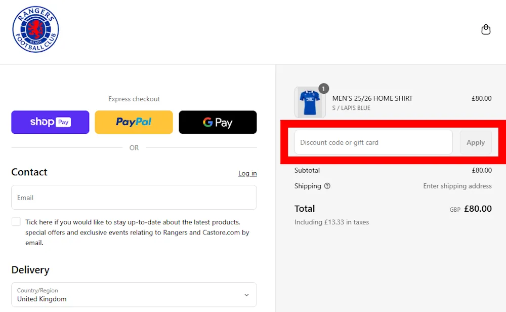 Screenshot showing where to apply a Rangers FC Store code at checkout on shop.rangers.co.uk.