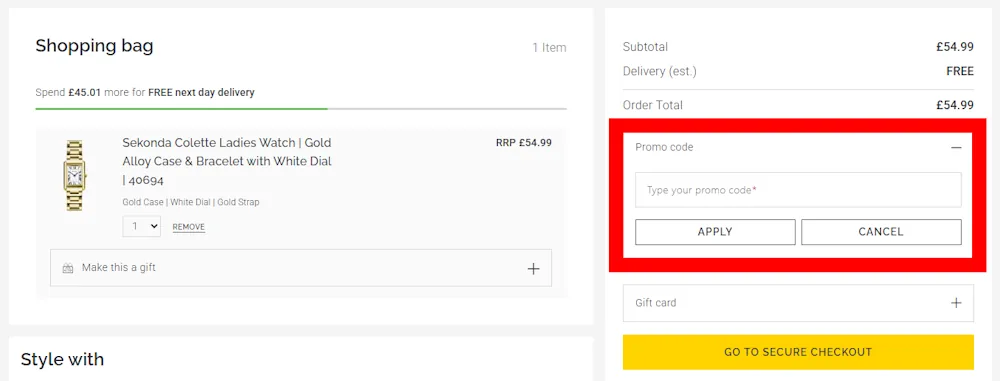 Screenshot showing where to enter a Sekonda promo code in the checkout code box on sekonda.com.
