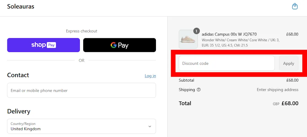 Screenshot showing where to apply a soleauras promo code at checkout on soleauras.com.