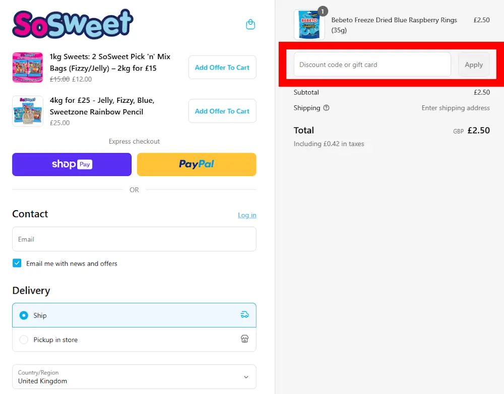 Screenshot showing where to apply a SoSweet code at checkout on www.sosweetshop.co.uk.