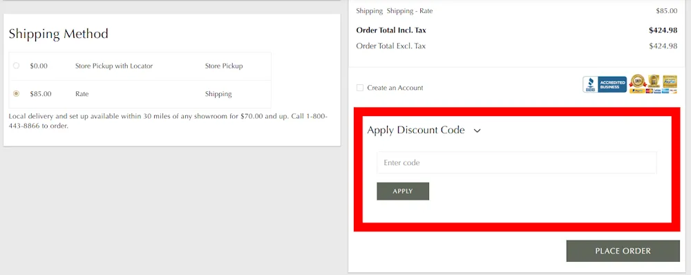 Screenshot showing where to apply a The Futon Shop code on www.thefutonshop.com