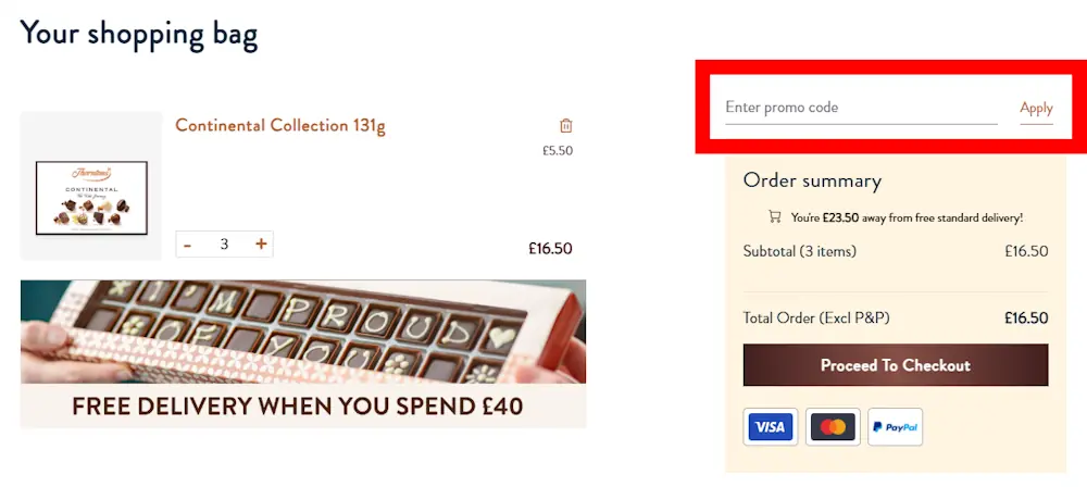 Screenshot showing where to apply a Thorntons code on www.thorntons.com