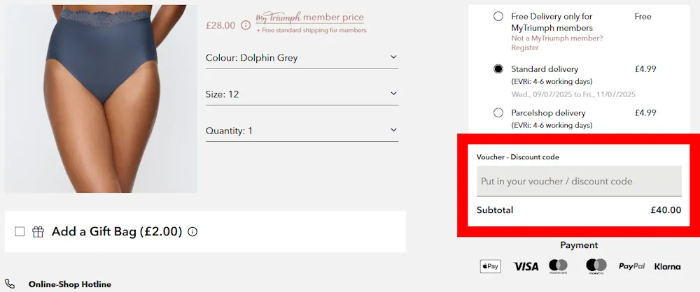Screenshot showing where to apply a triumph code on uk.triumph.com.