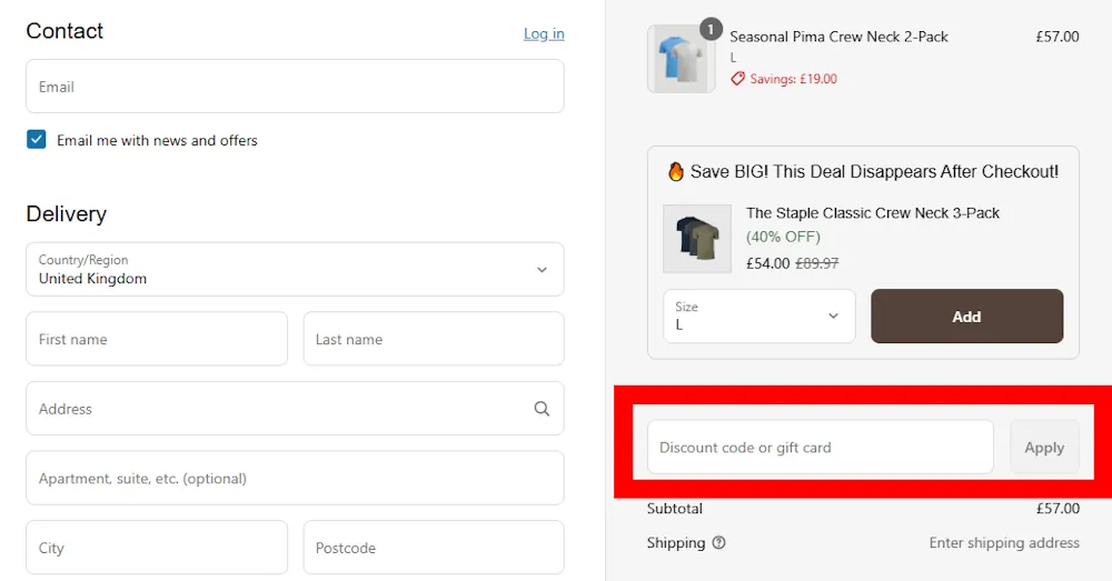 Screenshot showing where to apply a True Classic code on www.trueclassictees.com