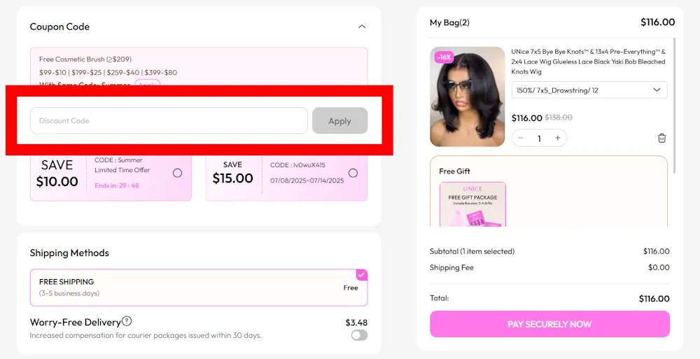 Screenshot showing where to apply a UNice code on www.unice.com