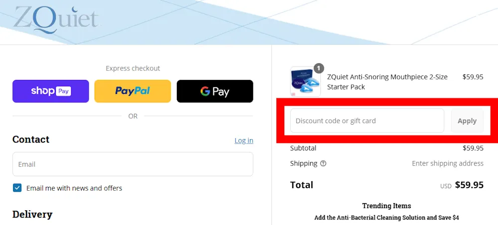 Screenshot showing where to apply a ZQuiet code on zquiet.com.