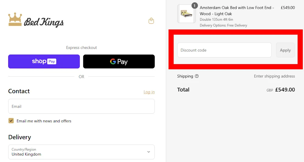 Screenshot showing where to apply a Bed Kings promo code on bedkings.co.uk
