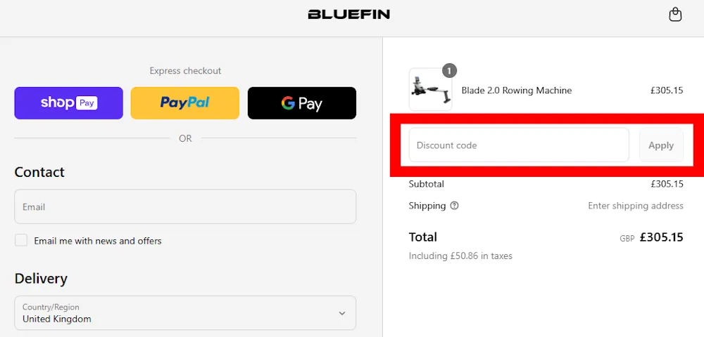 Screenshot showing where to apply a Bluefin Fitness promo code on bluefinfitness.com