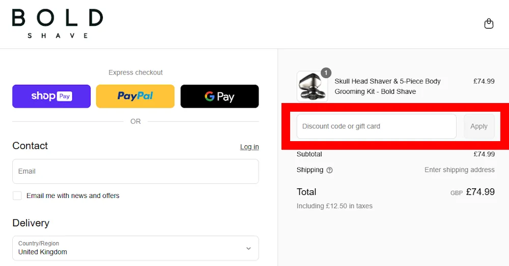 Screenshot of where to enter a Bold Shave discount code on boldshave.co.uk