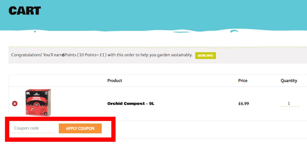 Screenshot showing where to apply a Coco & Coir promo code on cocoandcoir.com