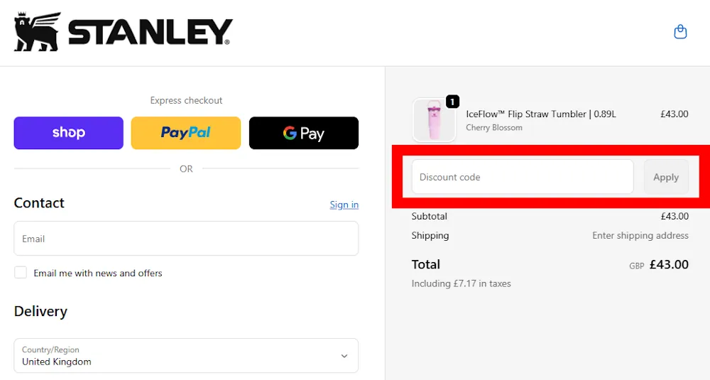 Checkout page on uk.stanley1913.com showing where to enter a Stanley voucher code