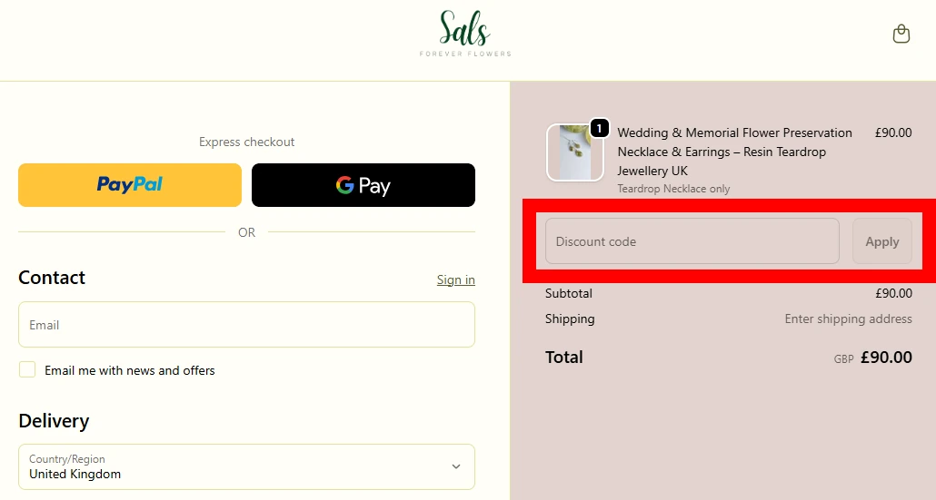 Screenshot showing where to enter an Sals Forever Flowers promo code in the checkout code box on salsforeverflowers.com.