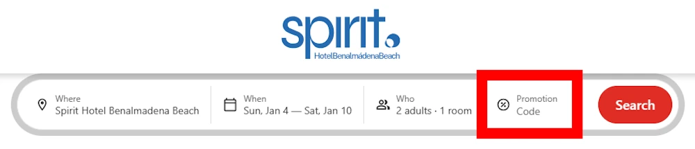 Screenshot showing where to enter an Spirit Hotel Benalmadena Beach promo code in the checkout code box on benalmadenabeach.com.